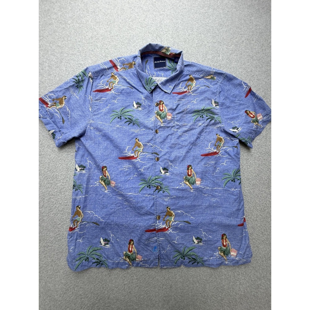 Tommy Bahama Shirt Mens XL‎ Blue Surfer Hula Silk Hawaiian Short Sleeve Button